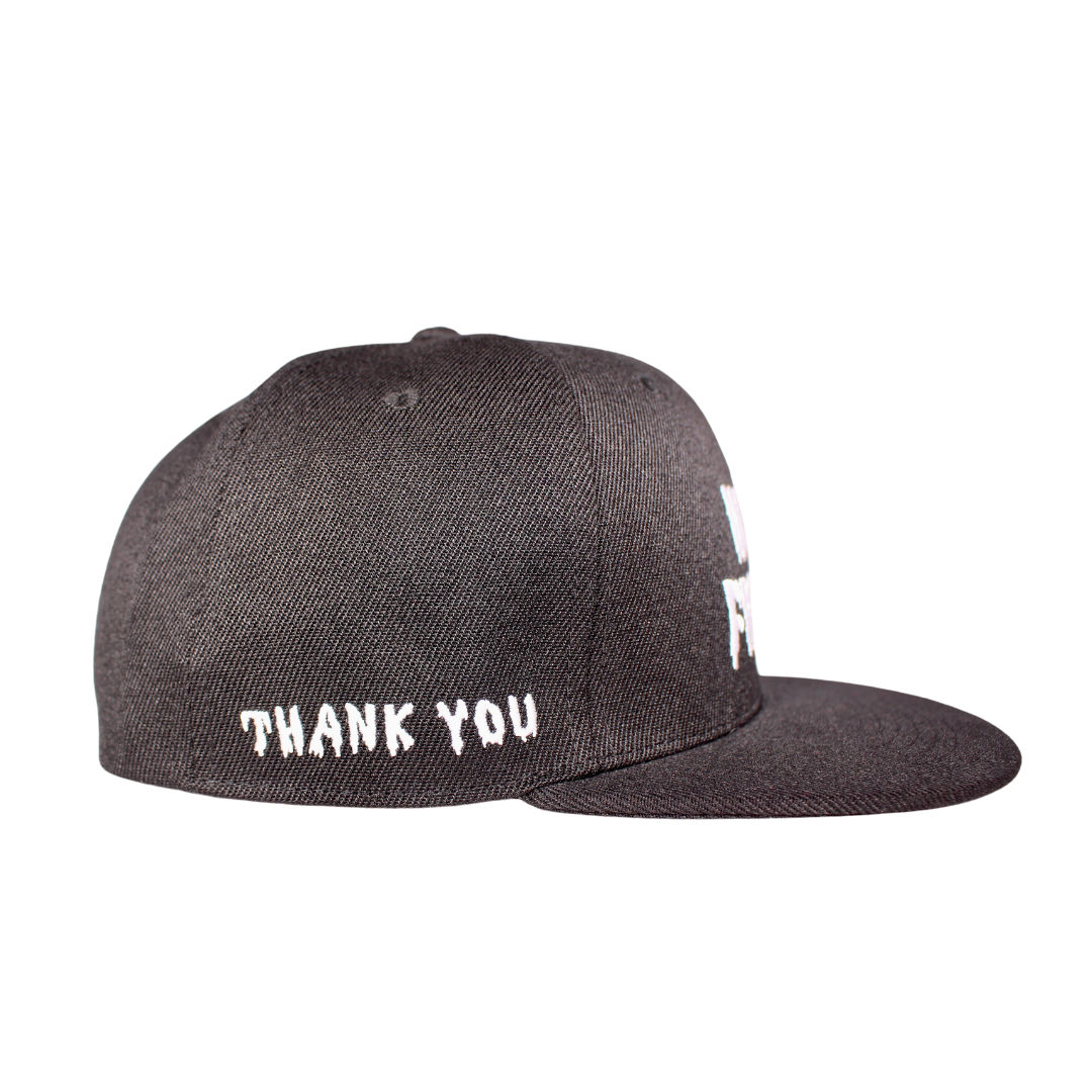 High Friends Club Drippy Logo Black Snapback Hat Side View of Thank You Drippy Logo