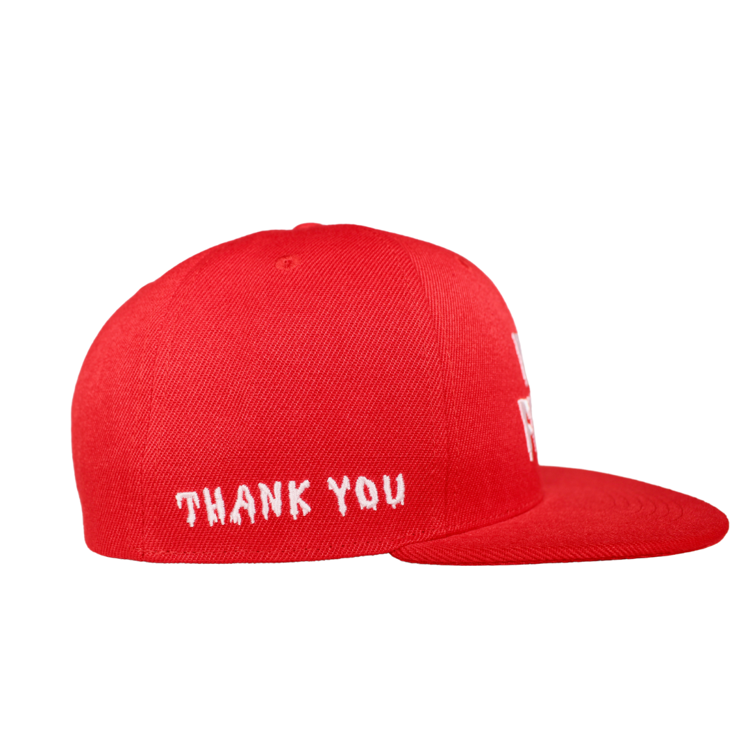 High Friends Club Drippy Logo Red Snapback Hat Side View of Thank You Drippy Logo